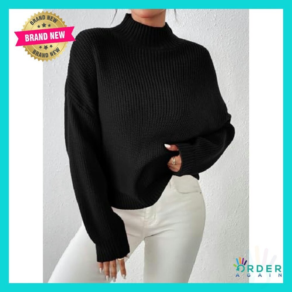 Cropped Mock Neck Sweater Ribbed Knit Pullover Loose Fit Y2K Chic - Picture 7 of 8